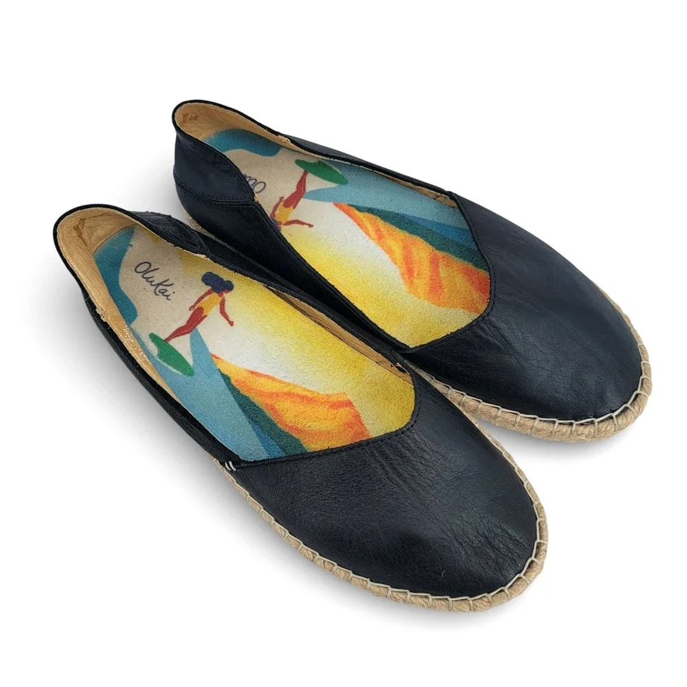 OluKai‎ Kaula Paa Ili Flats Women 7 Black Leather Espadrille Coastal Comfort